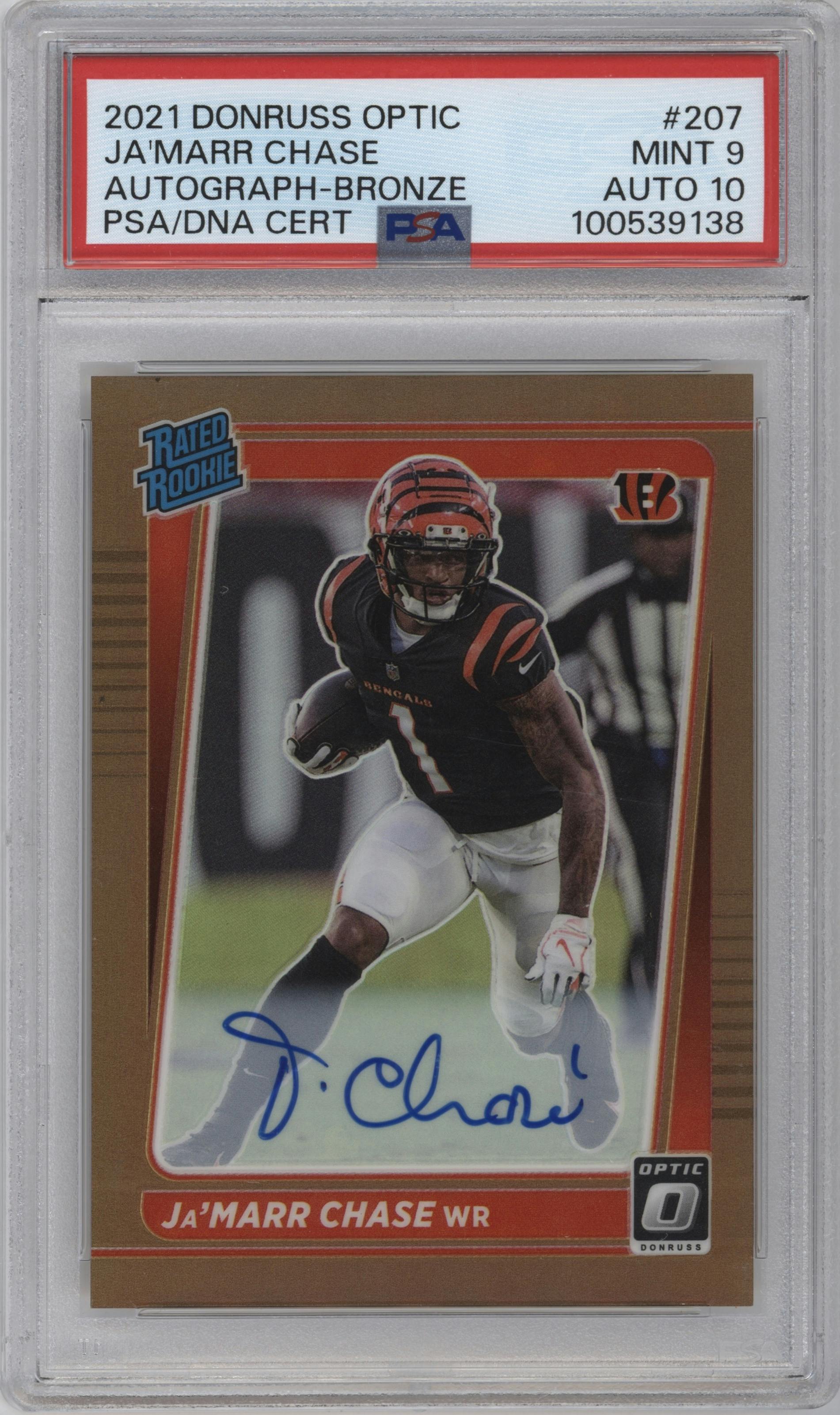 Ja'Marr Chase from the 2021 Panini Donruss Optic set featuring a Bronze parallel graded by PSA and given an overall grade of 9.