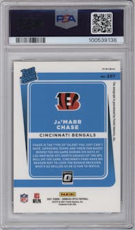 Ja'Marr Chase from the 2021 Panini Donruss Optic set featuring a Bronze parallel graded by PSA and given an overall grade of 9.
