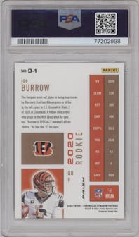 Joe Burrow from the 2020 Panini Chronicles set featuring a Silver parallel graded by PSA and given an overall grade of 10.