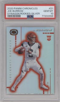 Joe Burrow from the 2020 Panini Chronicles set featuring a Silver parallel graded by PSA and given an overall grade of 10.