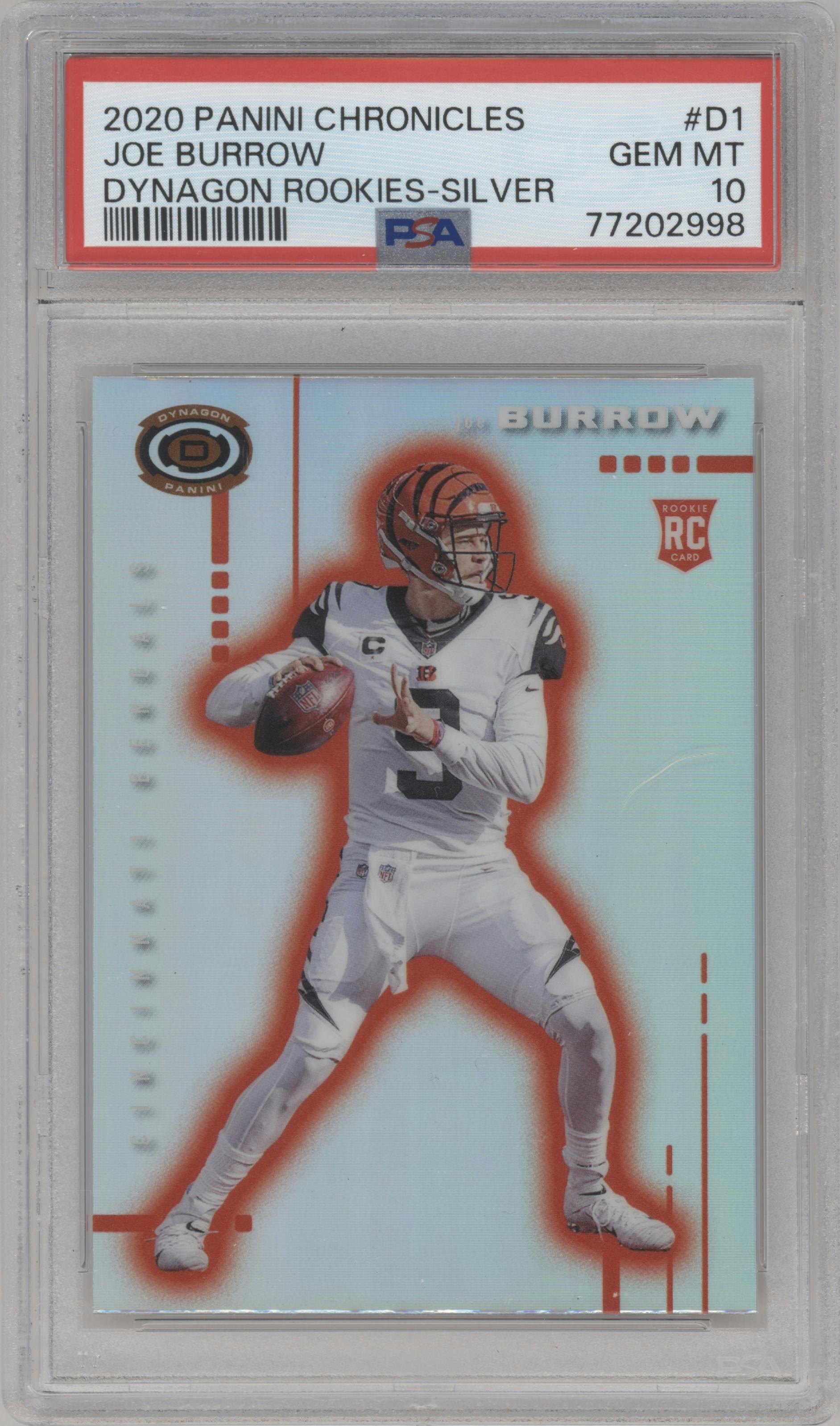 Joe Burrow from the 2020 Panini Chronicles set featuring a Silver parallel graded by PSA and given an overall grade of 10.