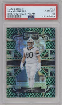 Bryan Bresee from the 2023 Panini Select set featuring a Dragon Scale parallel graded by PSA and given an overall grade of 10.