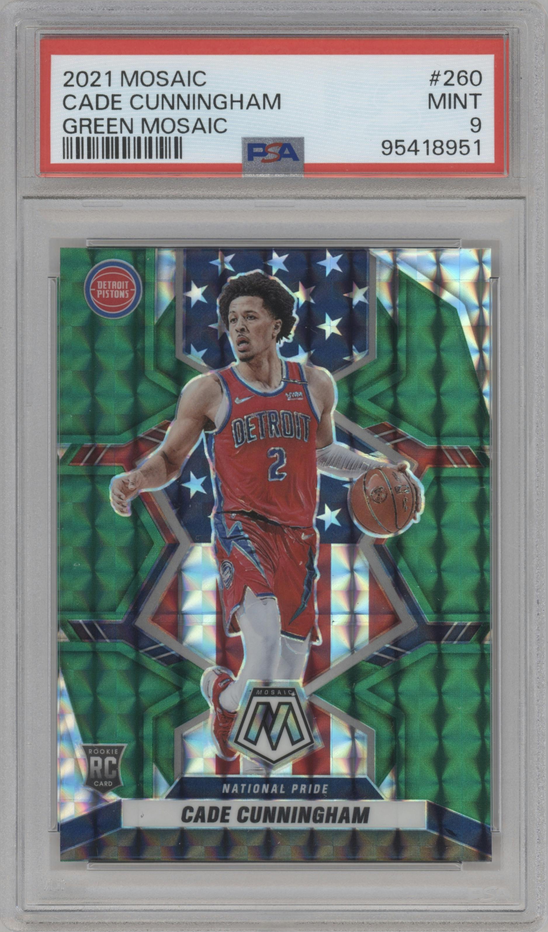Cade Cunningham from the 2021-22 Panini Mosaic  set featuring a Green Mosaic parallel graded by PSA and given an overall grade of 9.