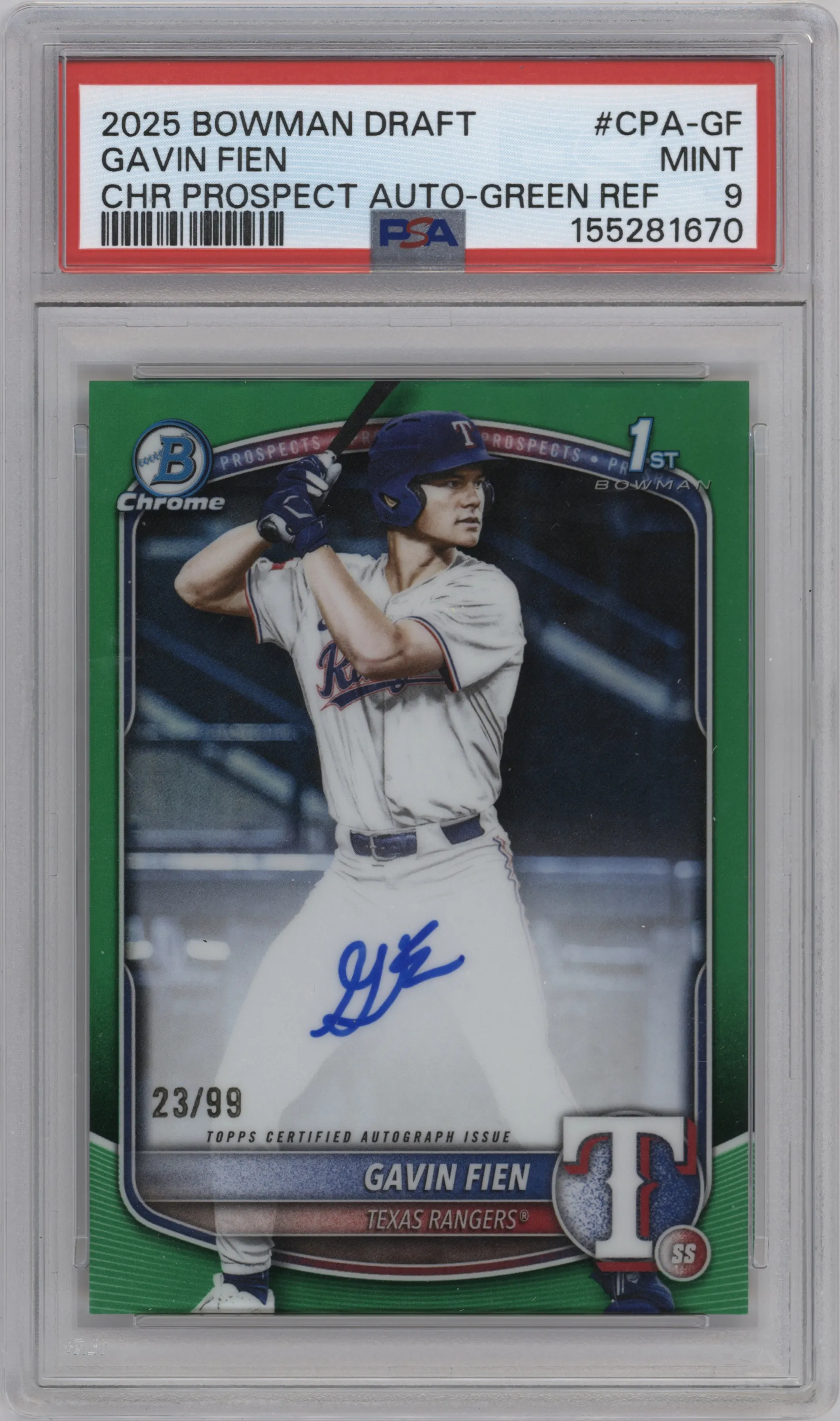 2025 Bowman Draft Chr.Pros.Auto Gavin Fien Green Refractor PSA 9