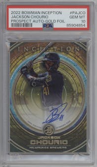 Jackson Chourio from the 2022 Bowman Inception set featuring a Gold Foil parallel graded by PSA and given an overall grade of 10.
