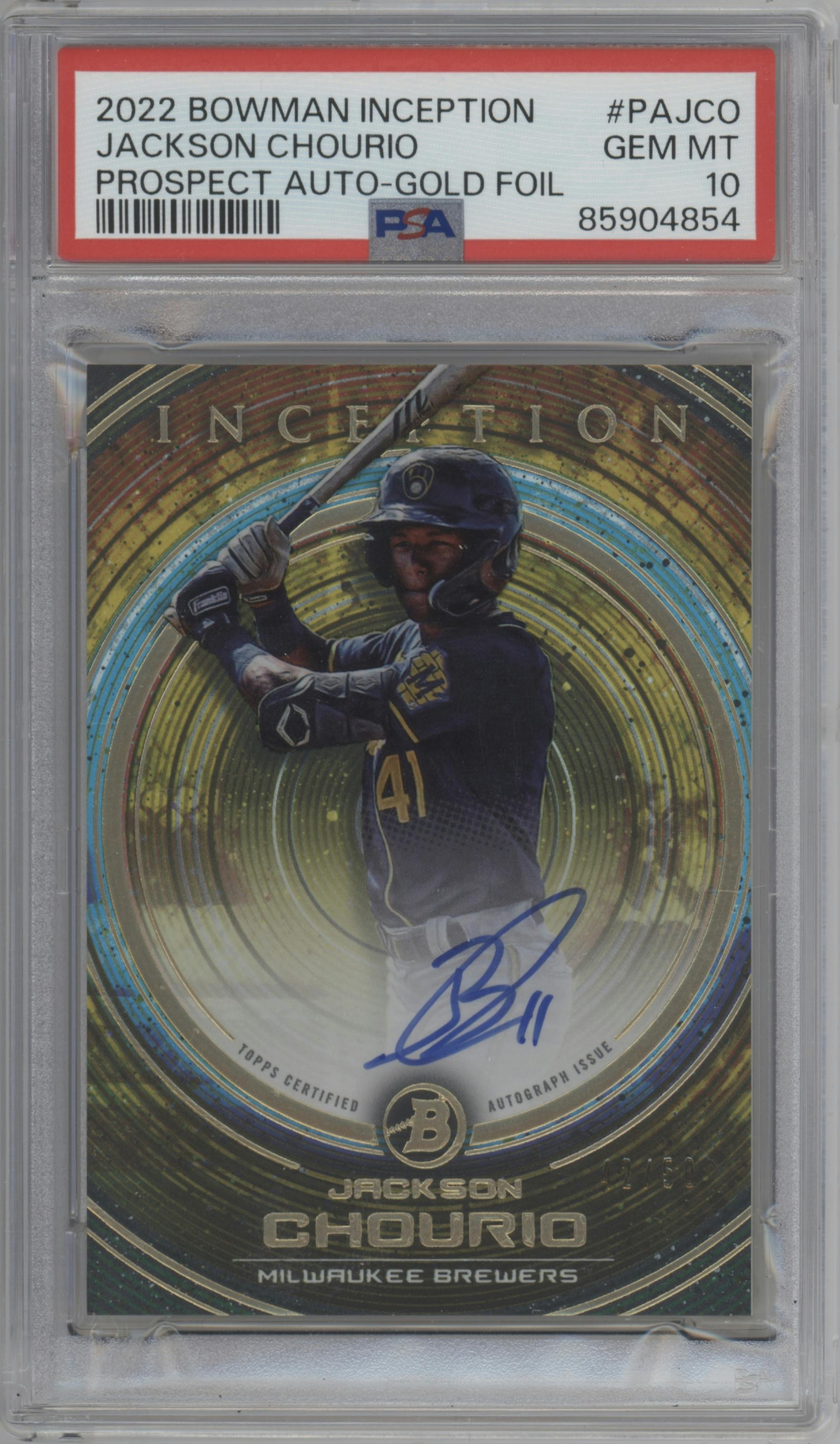 Jackson Chourio from the 2022 Bowman Inception set featuring a Gold Foil parallel graded by PSA and given an overall grade of 10.