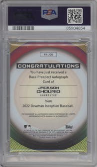 Jackson Chourio from the 2022 Bowman Inception set featuring a Gold Foil parallel graded by PSA and given an overall grade of 10.