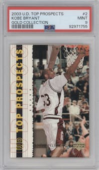 Kobe Bryant from the 2003-04 Upper Deck Top Prospects  set featuring a Gold Collection parallel graded by PSA and given an overall grade of 9.