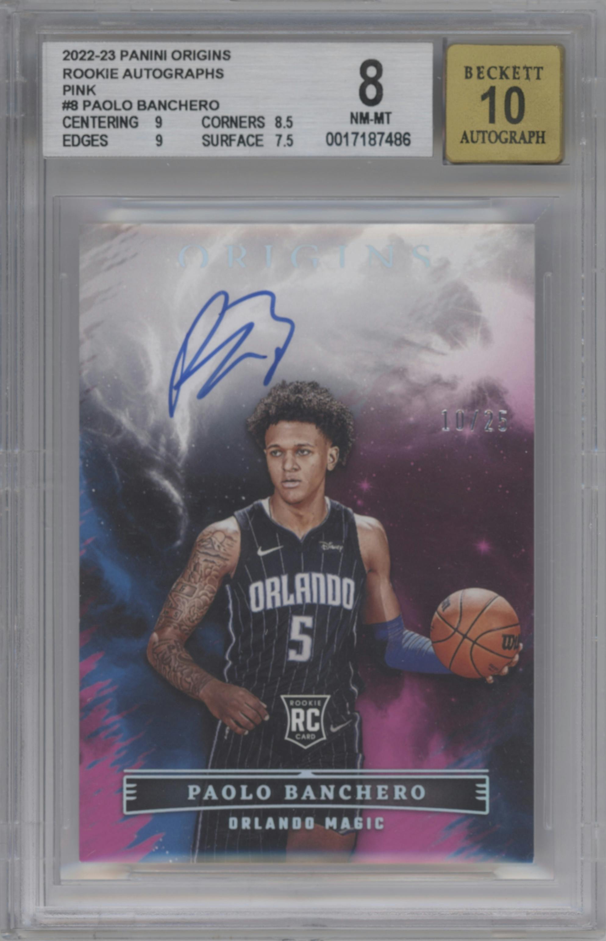 Paolo Banchero from the 2022-23 Panini Origins set featuring a Pink parallel graded by Beckett and given an overall grade of 8.