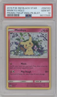 Mimikyu from the 2019 Pokemon S&M  set featuring a Team Up Single Pack Blisters parallel graded by PSA and given an overall grade of 10.