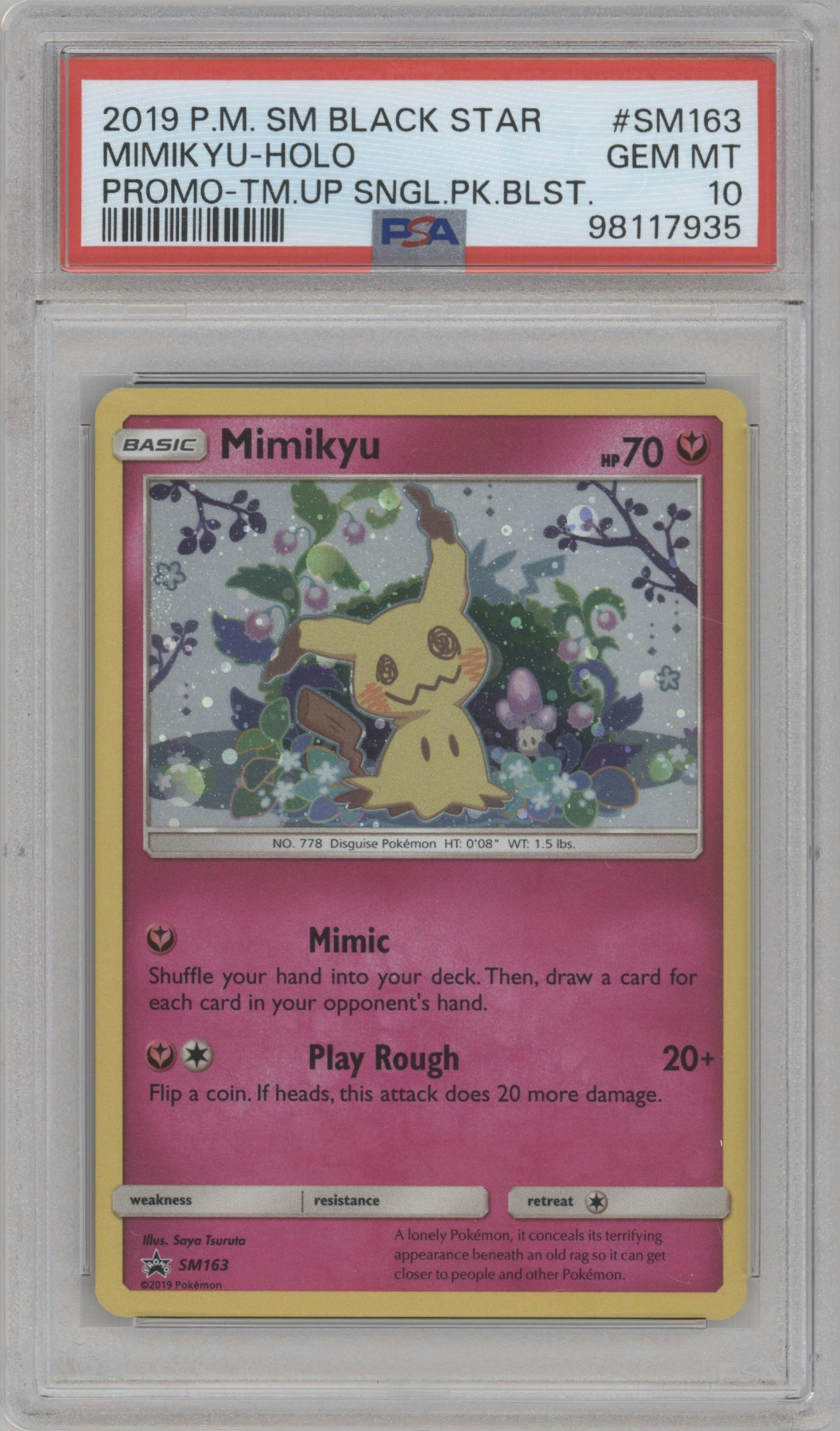 Mimikyu from the 2019 Pokemon S&M  set featuring a Team Up Single Pack Blisters parallel graded by PSA and given an overall grade of 10.