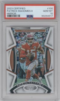 Patrick Mahomes II from the 2023 Panini Certified set featuring a Mirror parallel graded by PSA and given an overall grade of 10.