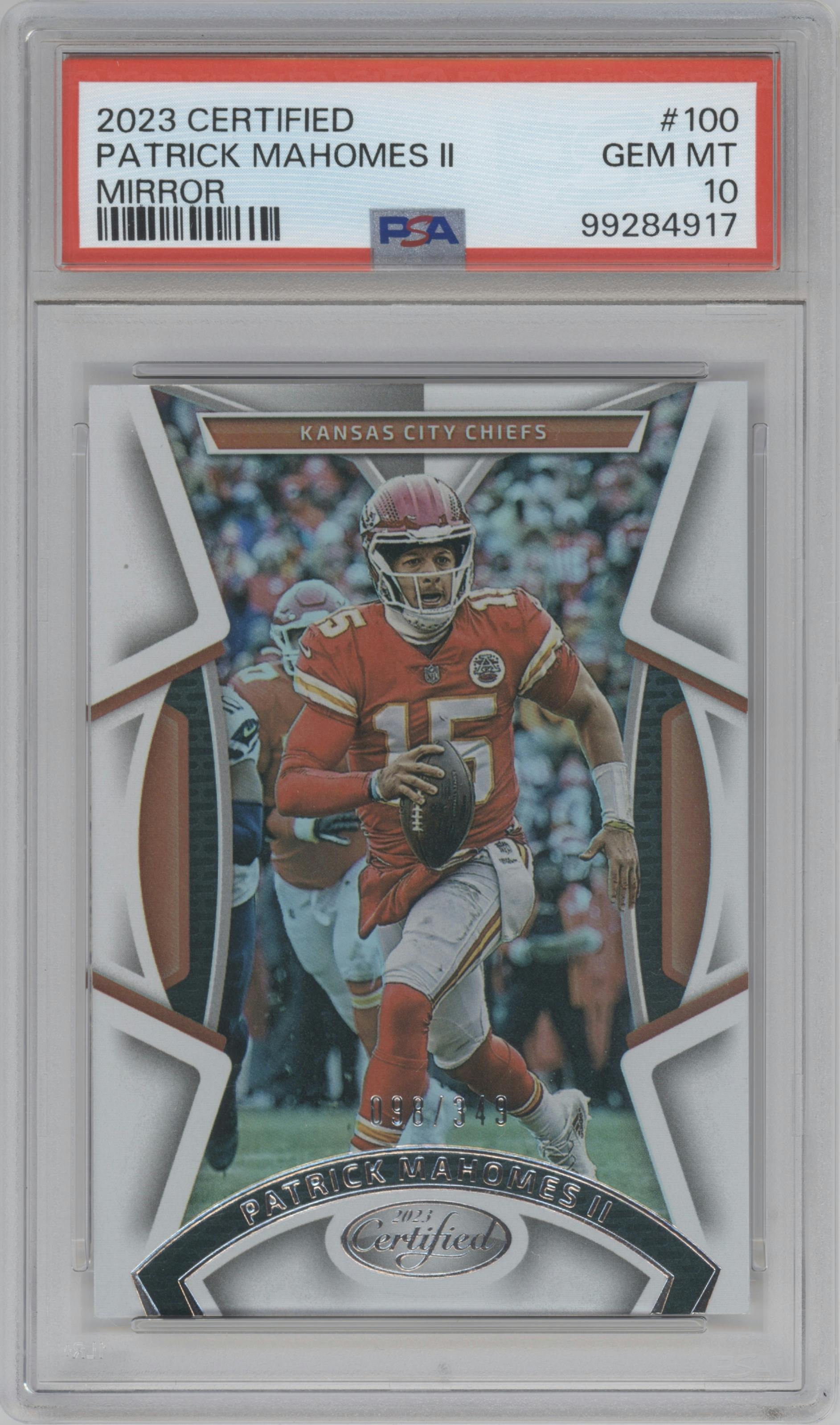 Patrick Mahomes II from the 2023 Panini Certified set featuring a Mirror parallel graded by PSA and given an overall grade of 10.