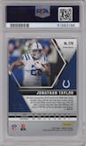 Jonathan Taylor from the 2020 Panini Mosaic set featuring a No Huddle Purple parallel graded by PSA and given an overall grade of 9.