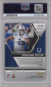 Jonathan Taylor from the 2020 Panini Mosaic set featuring a No Huddle Purple parallel graded by PSA and given an overall grade of 9.