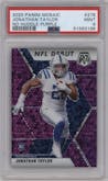 Jonathan Taylor from the 2020 Panini Mosaic set featuring a No Huddle Purple parallel graded by PSA and given an overall grade of 9.