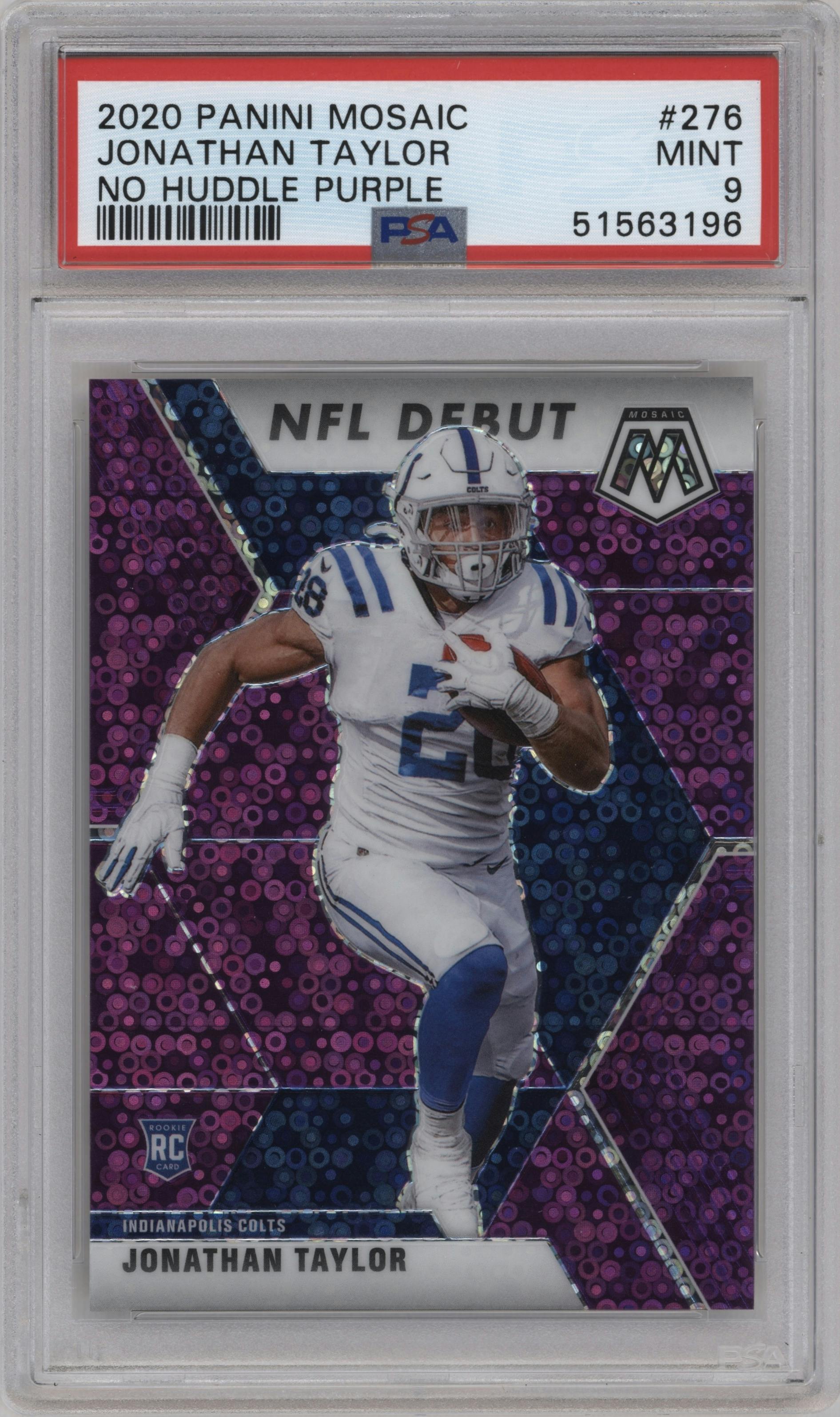 Jonathan Taylor from the 2020 Panini Mosaic set featuring a No Huddle Purple parallel graded by PSA and given an overall grade of 9.