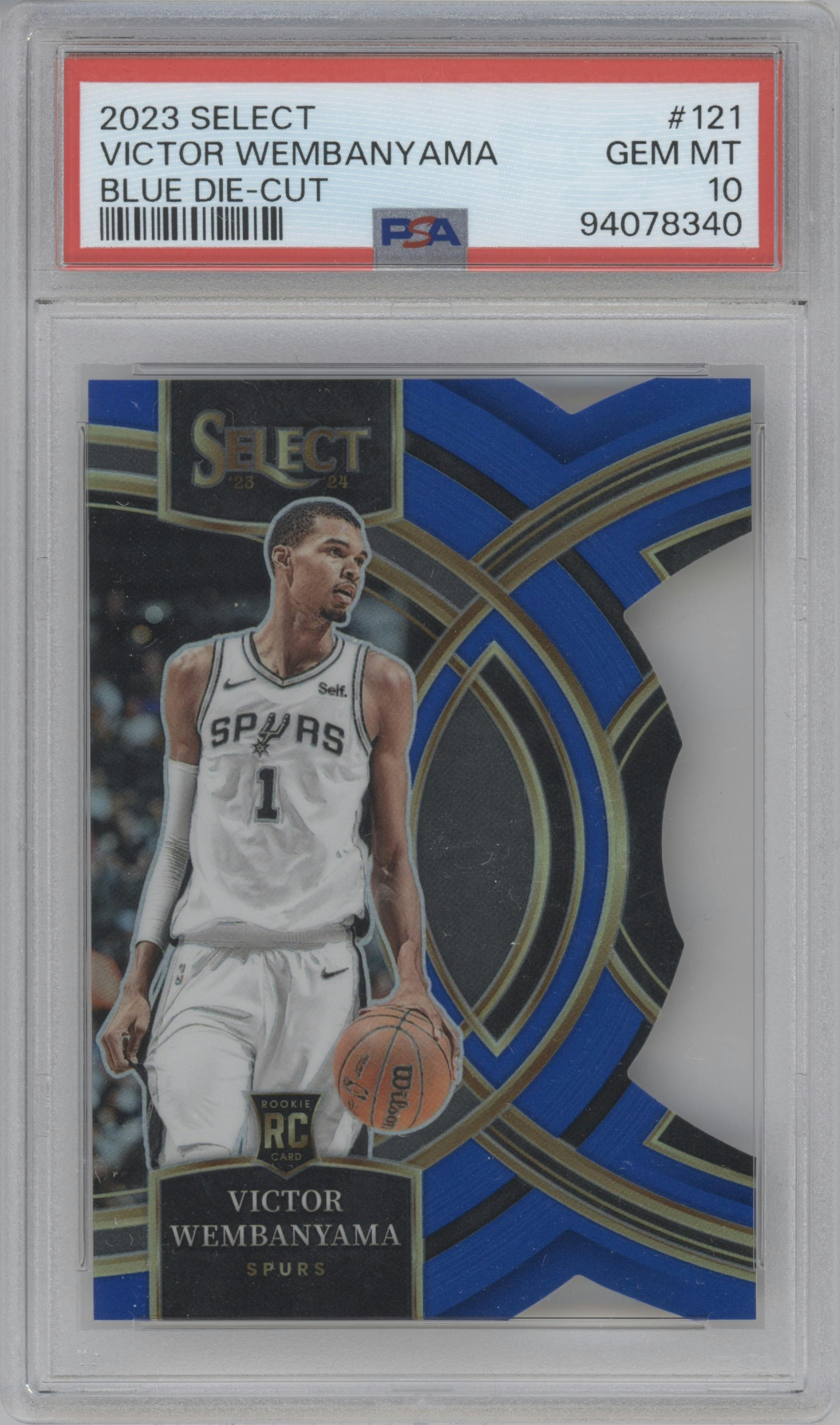 Victor Wembanyama from the 2023-24 Panini Select  set featuring a Die-Cut Blue Prizm parallel graded by PSA and given an overall grade of 10.