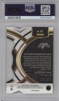 Victor Wembanyama from the 2023-24 Panini Select  set featuring a Die-Cut Blue Prizm parallel graded by PSA and given an overall grade of 10.