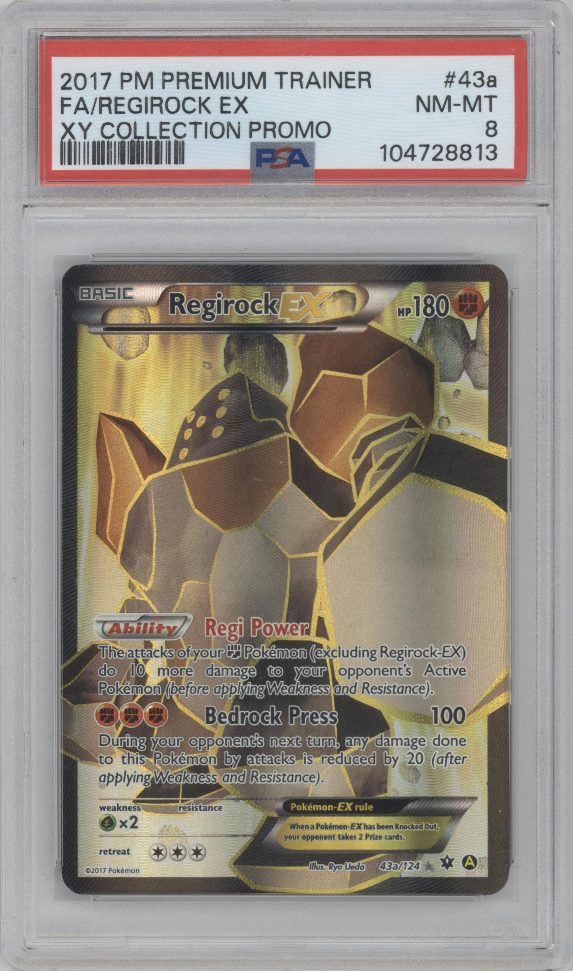 Regirock Ex from the 2017 Pokemon XY set featuring a Premium Trainer's XY Collection parallel graded by PSA and given an overall grade of 8.
