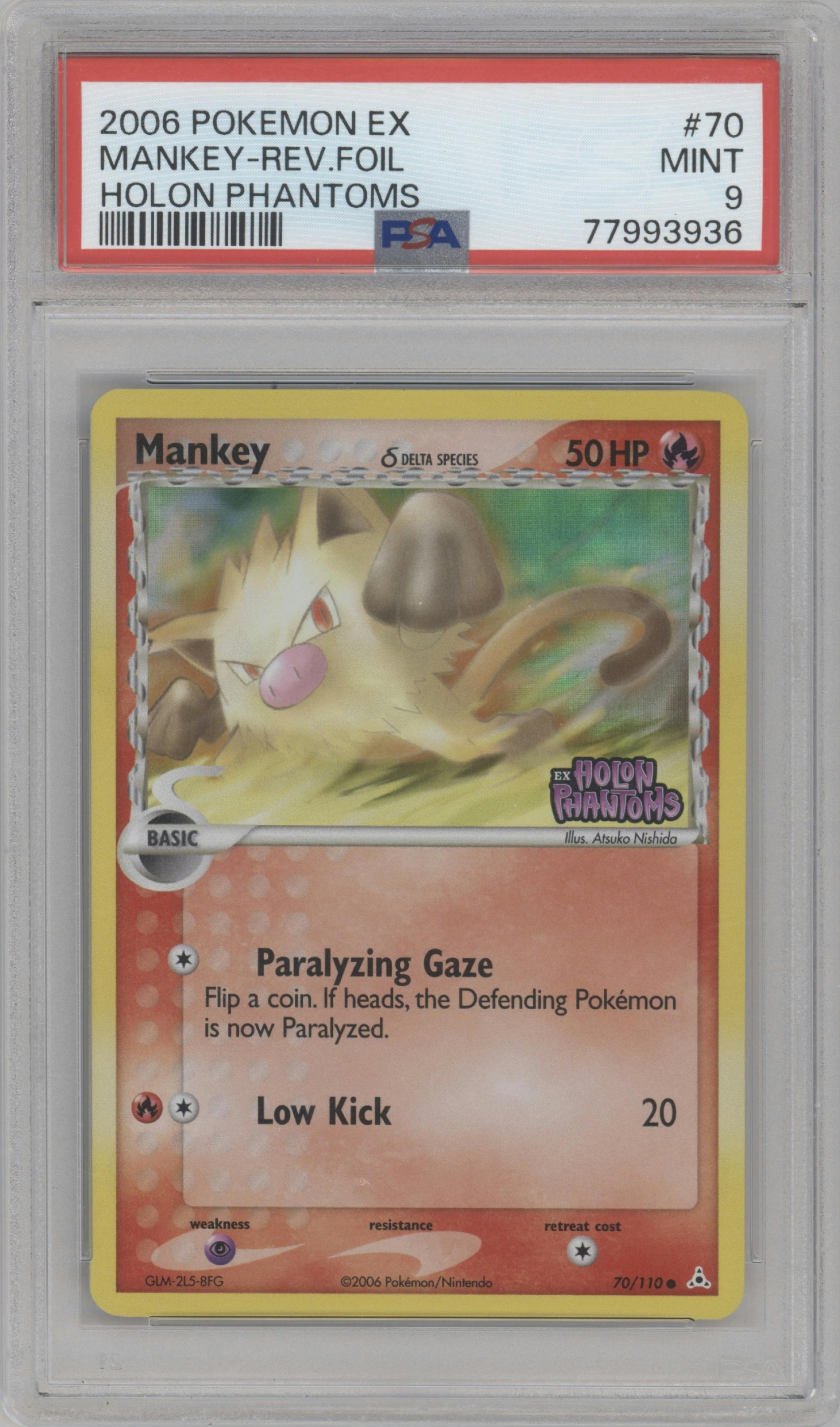 Mankey from the 2006 Pokemon EX set graded by PSA and given an overall grade of 9.