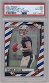 Spencer Rattler from the 2024 Panini Prizm set featuring a Red White Blue Prizm parallel graded by PSA and given an overall grade of 10.