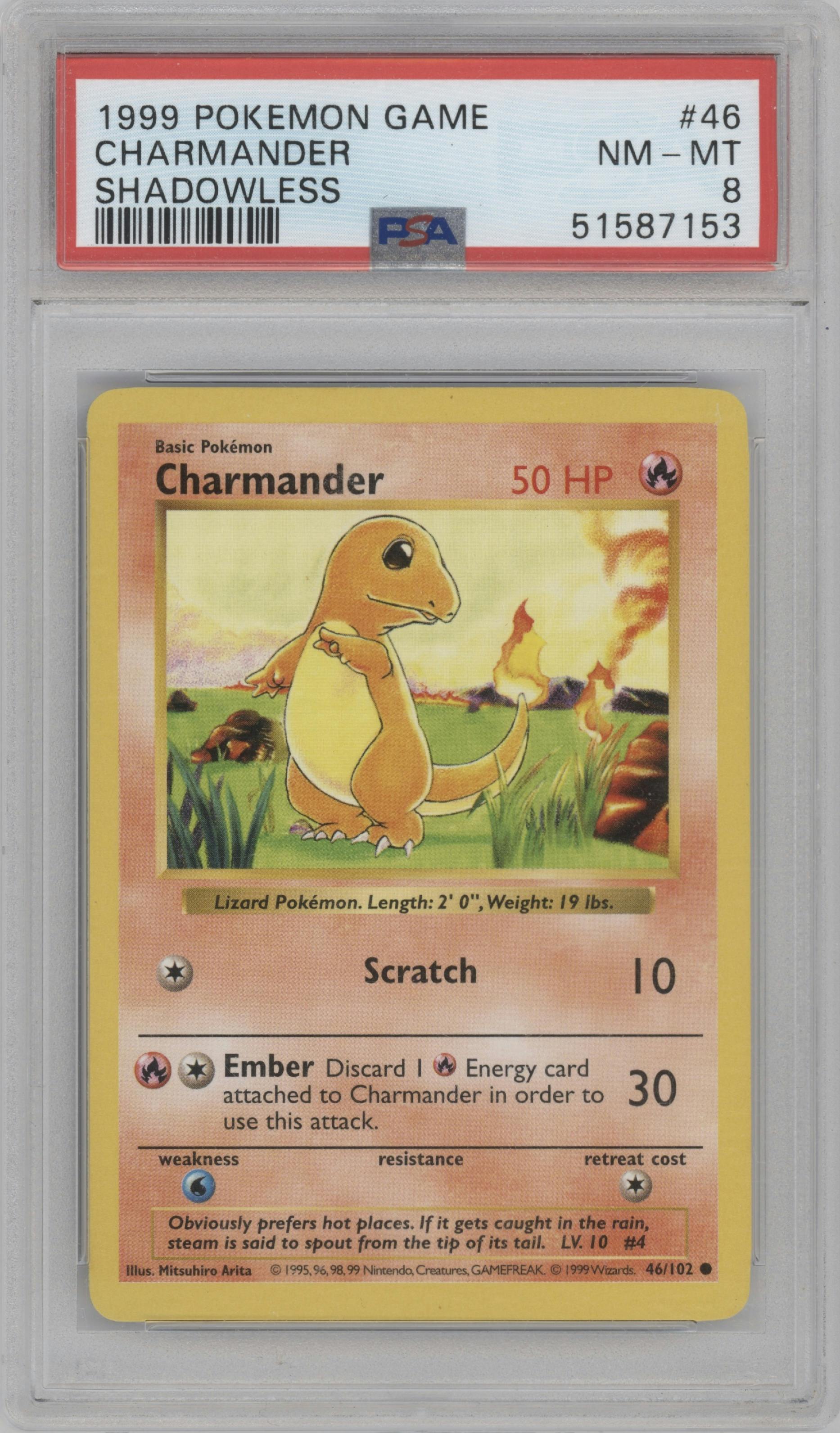 Charmander from the 1999 Pokemon set graded by PSA and given an overall grade of 8.