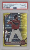 Jordan Lawler from the 2022 Bowman Draft 1st Edition set featuring a Yellow Foil parallel graded by PSA and given an overall grade of 10.