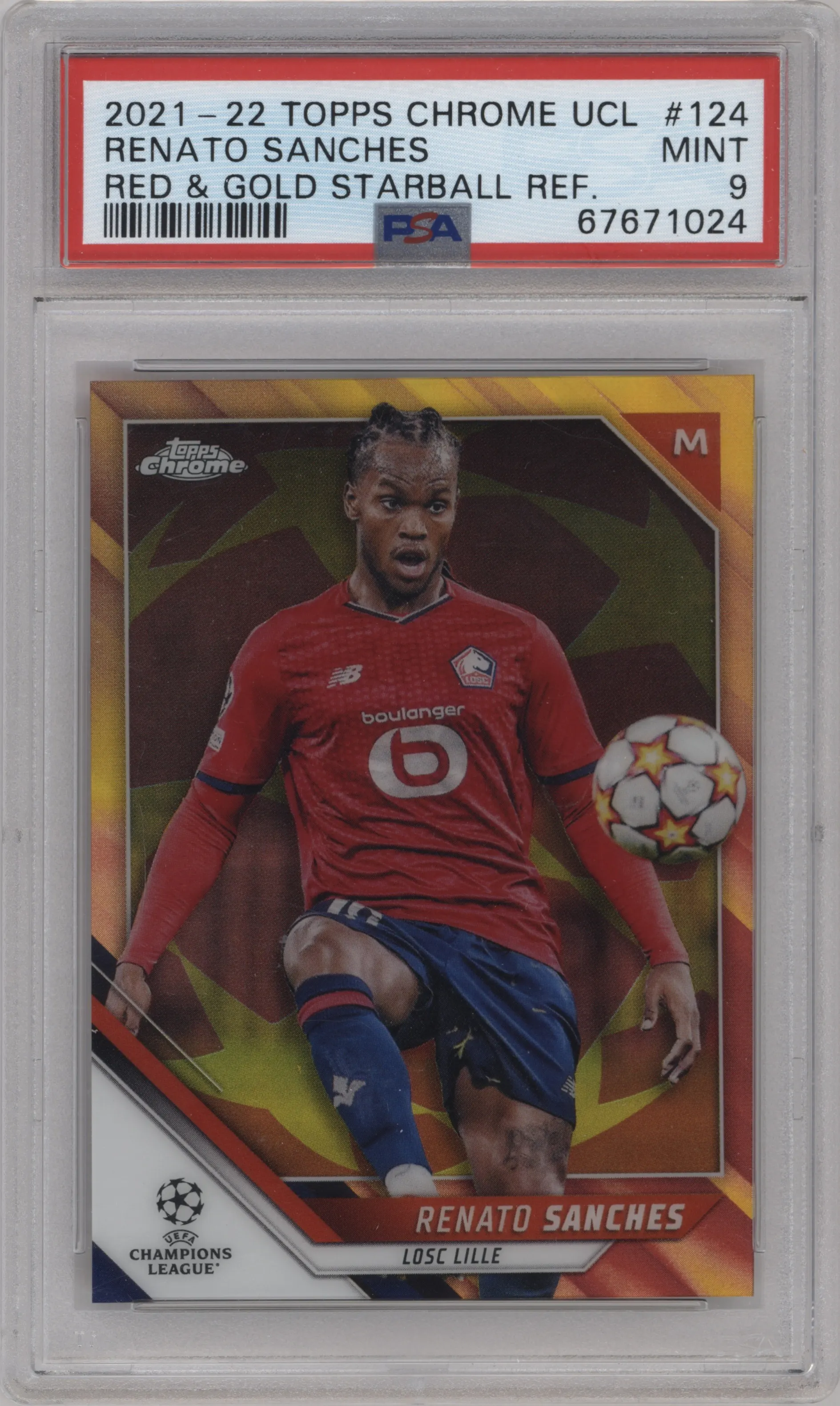 2021 Topps Chrome UEFA Champions League Renato Sanches Red/Gold Starball Refractor PSA 9