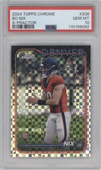 Bo Nix from the 2024 Topps Chrome set featuring a XFractor parallel graded by PSA and given an overall grade of 10.