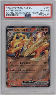 Charizard ex from the 2024 Pokemon SV set featuring a Charizard ex Super Premium Collection parallel graded by PSA and given an overall grade of 10.