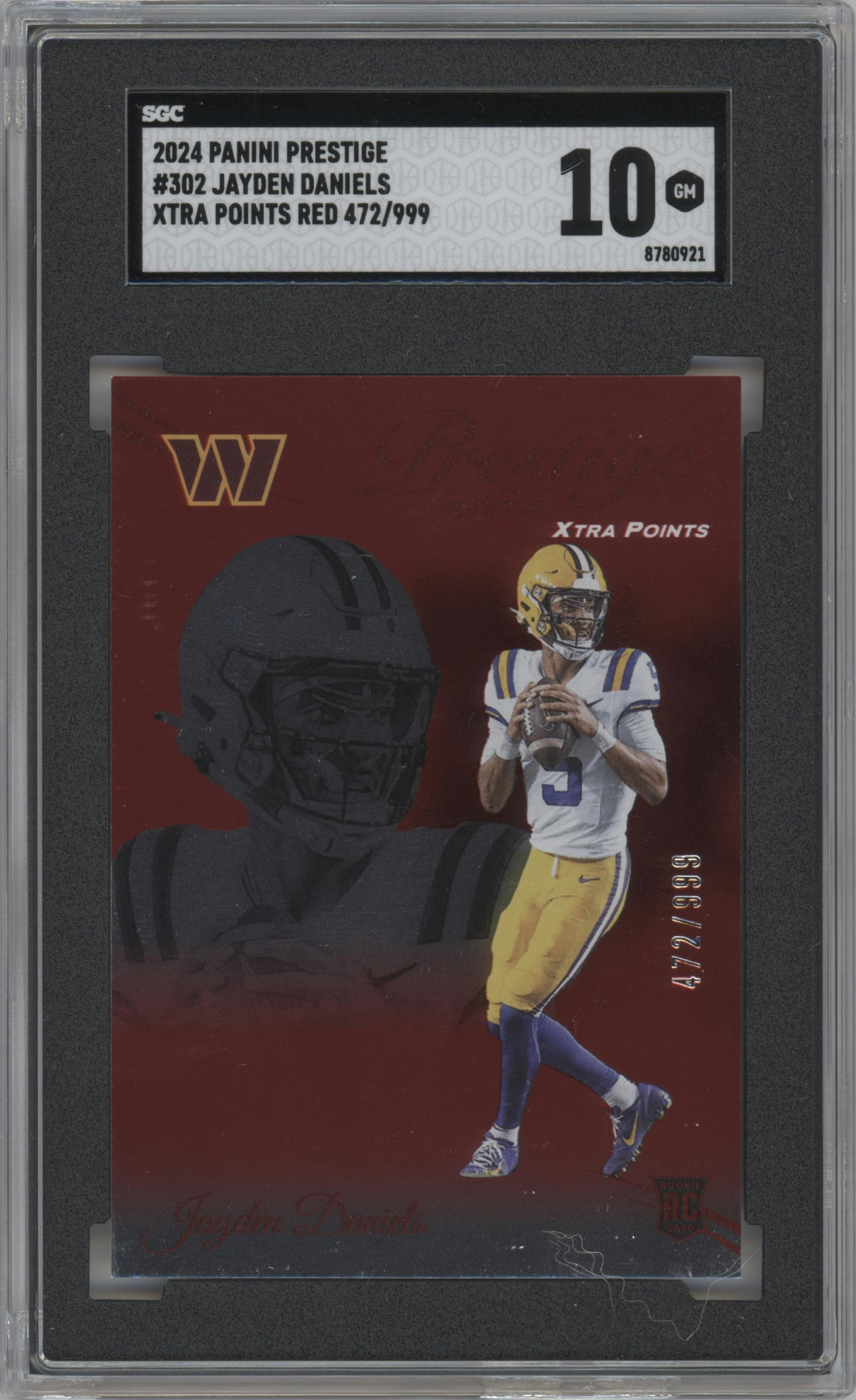 Jayden Daniels from the 2024 Panini Prestige  set featuring a Red Xtra Points parallel graded by SGC and given an overall grade of 10.