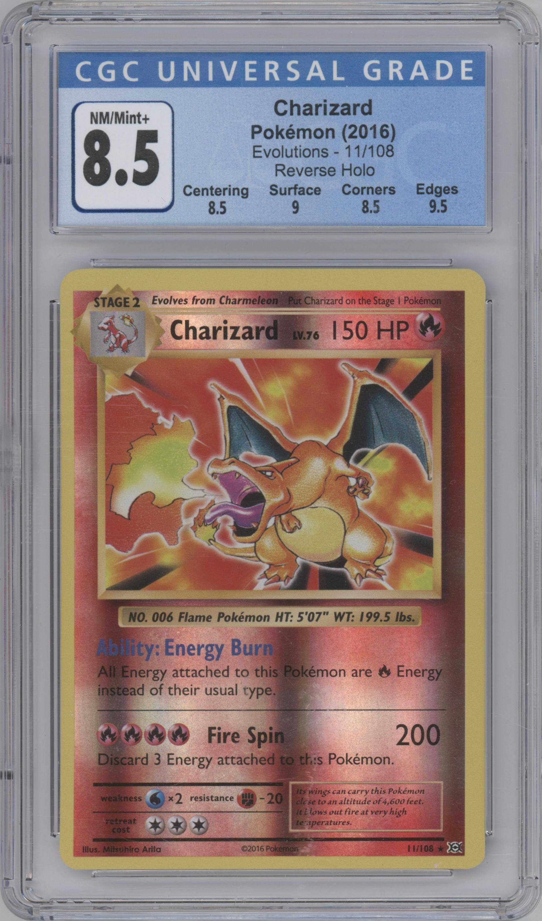Charizard  from the 2016 Pokemon XY set graded by CSG and given an overall grade of 8.5.