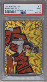 Rome Odunze from the 2024 Panini Absolute set featuring a Gold parallel graded by PSA and given an overall grade of 9.