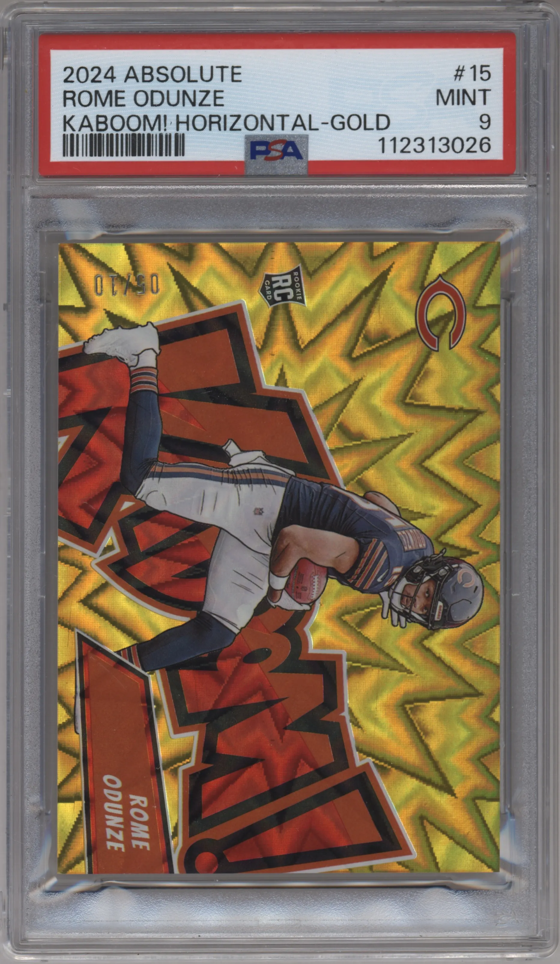 Rome Odunze from the 2024 Panini Absolute set featuring a Gold parallel graded by PSA and given an overall grade of 9.