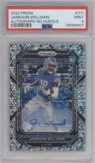 Jameson Williams from the 2022 Panini Prizm set featuring a No Huddle parallel graded by PSA and given an overall grade of 9.