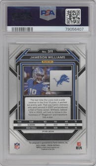 Jameson Williams from the 2022 Panini Prizm set featuring a No Huddle parallel graded by PSA and given an overall grade of 9.