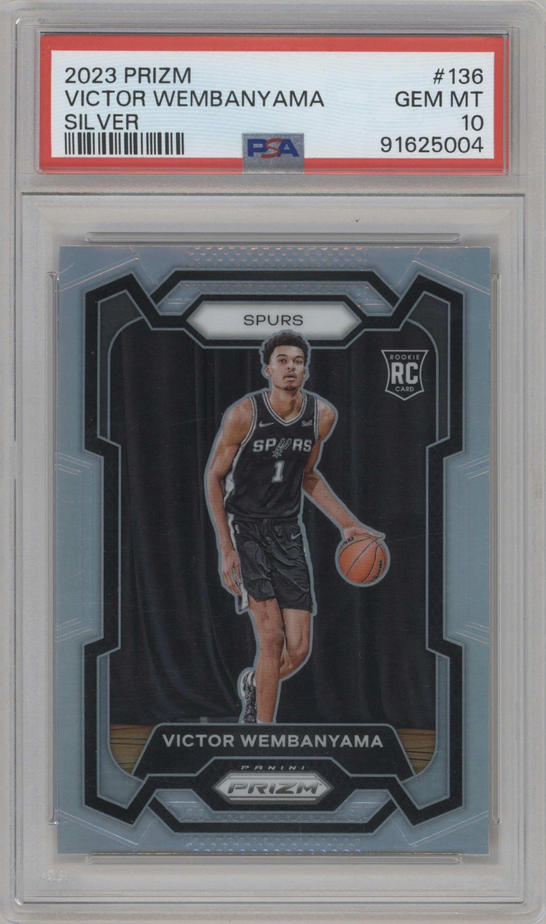 Victor Wembanyama from the 2023-24 Panini Prizm set featuring a Silver Prizm  parallel graded by PSA and given an overall grade of 10.