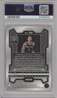Victor Wembanyama from the 2023-24 Panini Prizm set featuring a Silver Prizm  parallel graded by PSA and given an overall grade of 10.