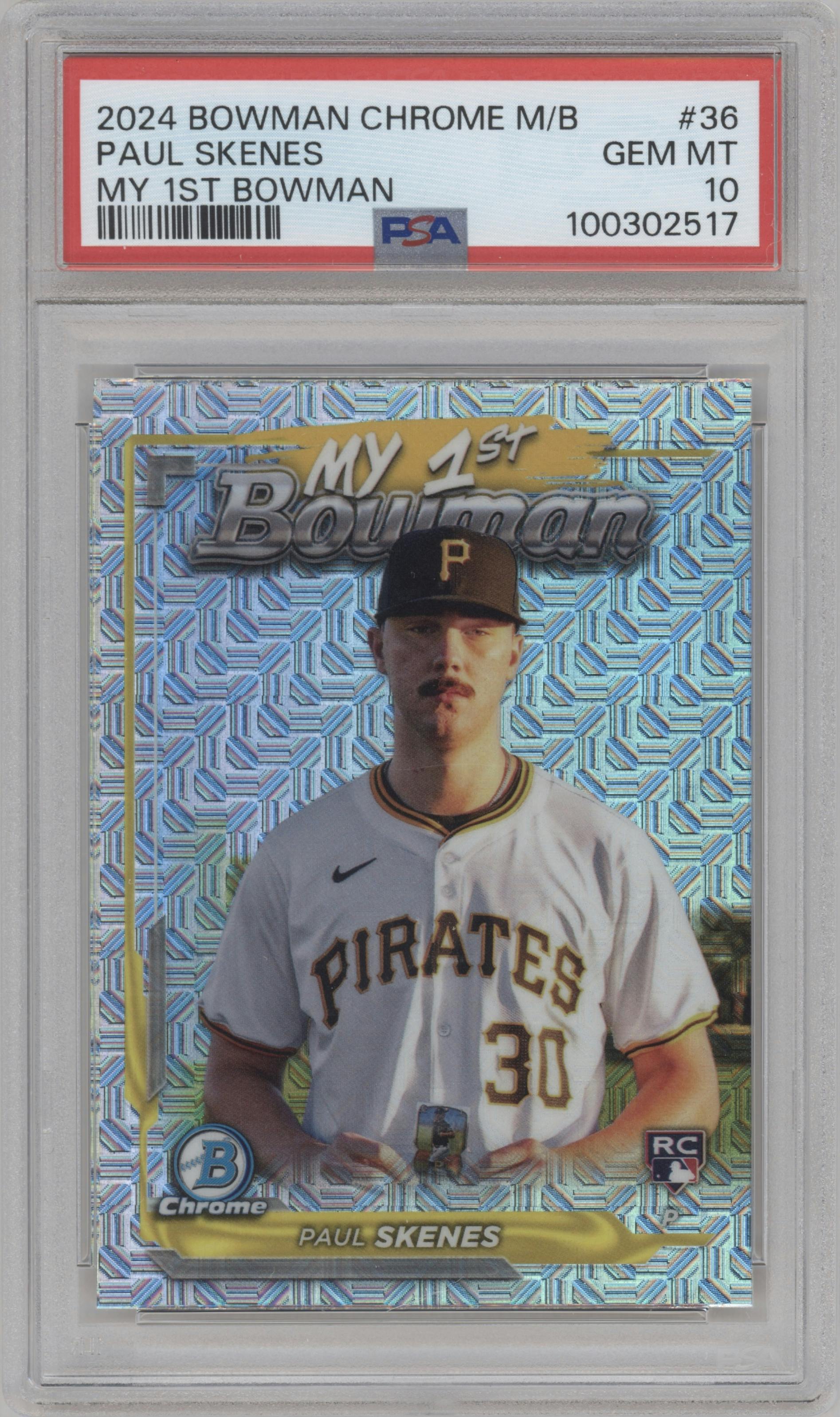 Paul Skenes from the 2024 Bowman Chrome Mega Box set graded by PSA and given an overall grade of 10.