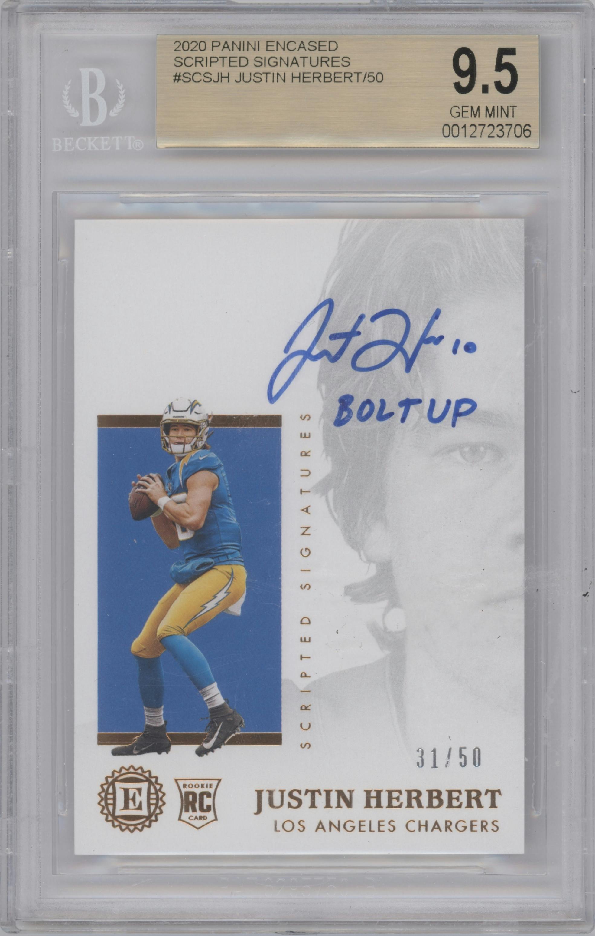 Justin Herbert from the 2020 Panini Encased set graded by Beckett and given an overall grade of 9.5.