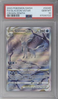 Glaceon Vstar from the 2023 Pokemon SWSH set graded by PSA and given an overall grade of 10.