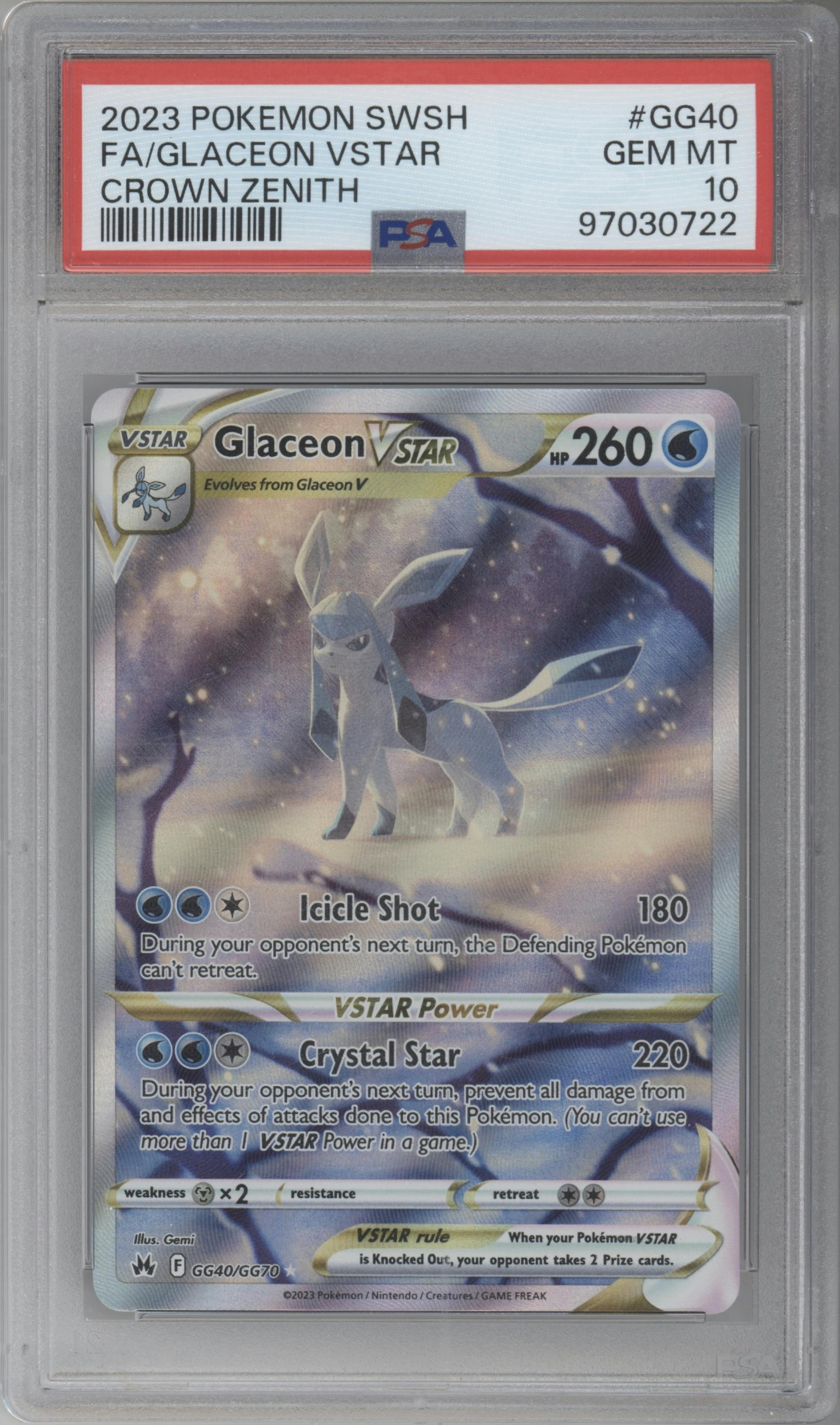 Glaceon Vstar from the 2023 Pokemon SWSH set graded by PSA and given an overall grade of 10.