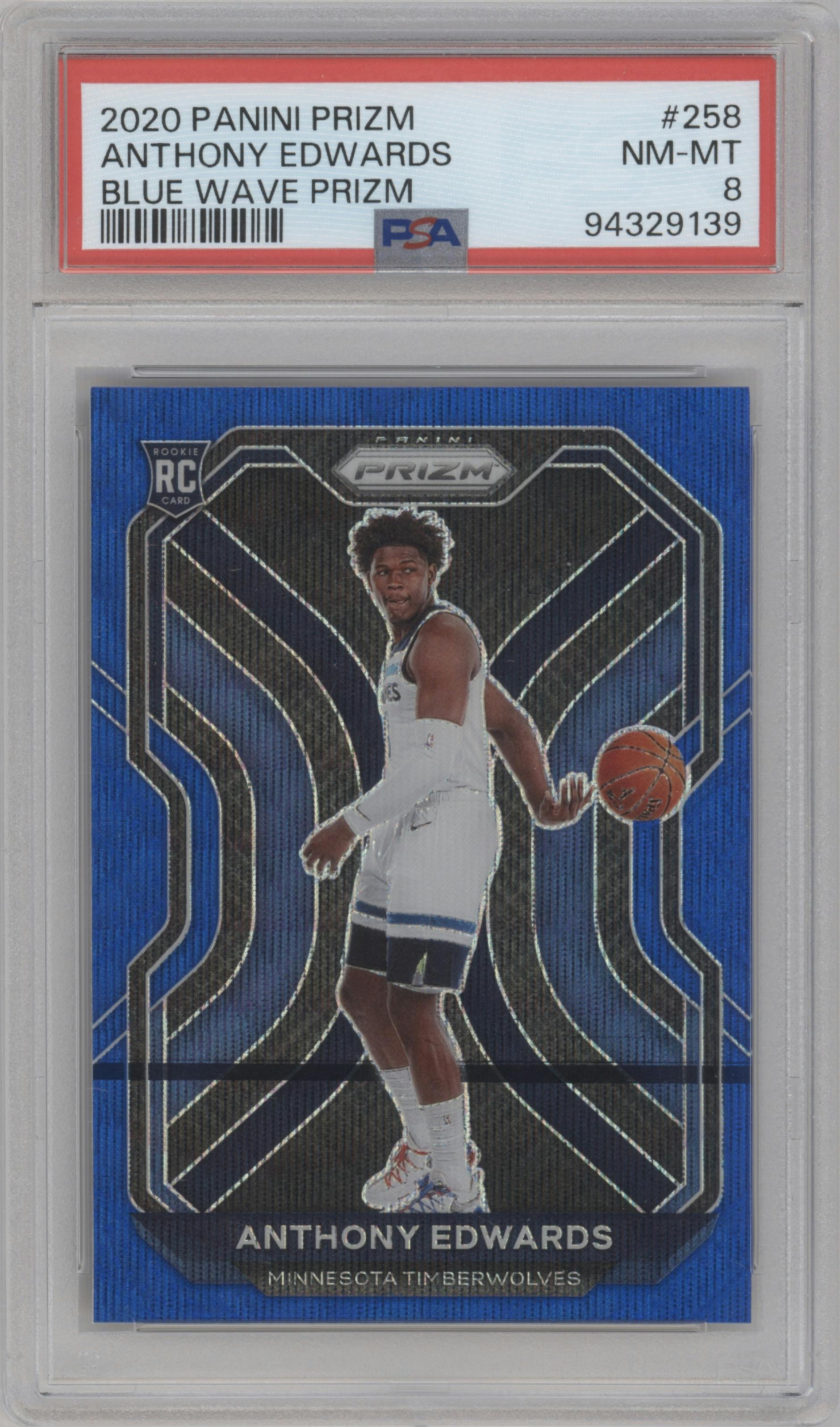 Anthony Edwards from the 2020-21 Panini Prizm set featuring a Blue Wave parallel graded by PSA and given an overall grade of 8.