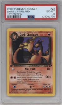 Dark Charizard from the 2000 Pokemon set graded by PSA and given an overall grade of 6.