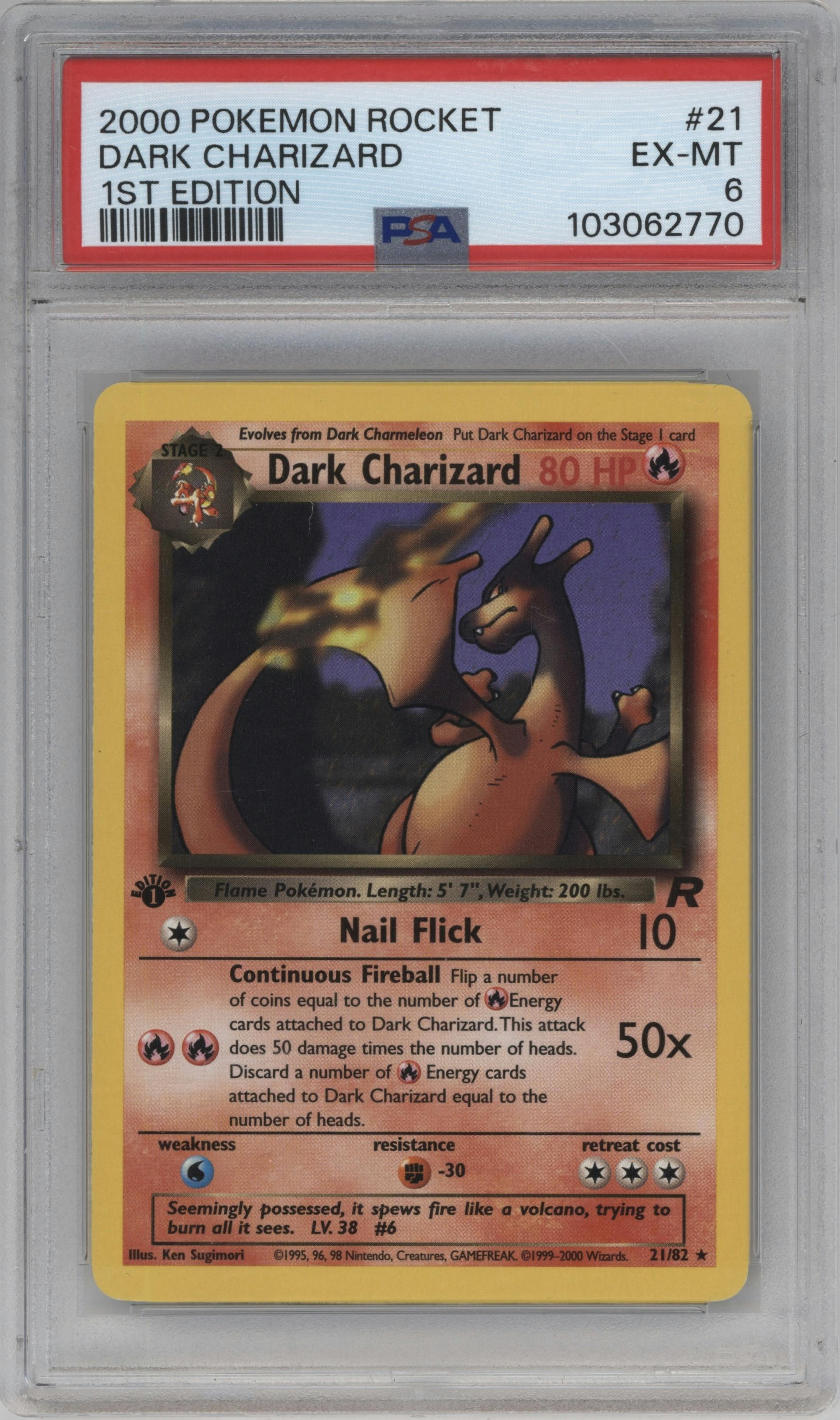 Dark Charizard from the 2000 Pokemon set graded by PSA and given an overall grade of 6.