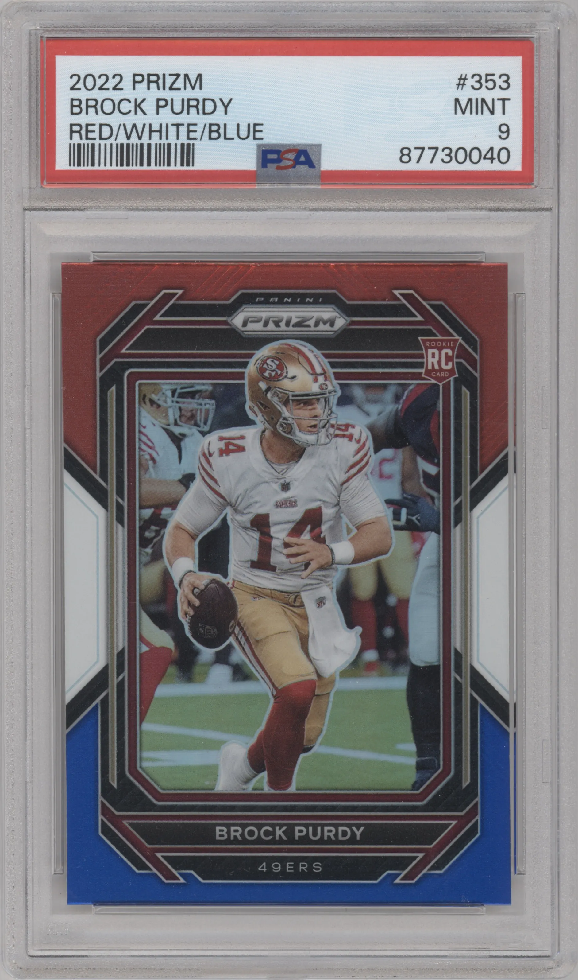 2022 Panini Prizm Brock Purdy Red/White/Blue Prizm #353 PSA 9