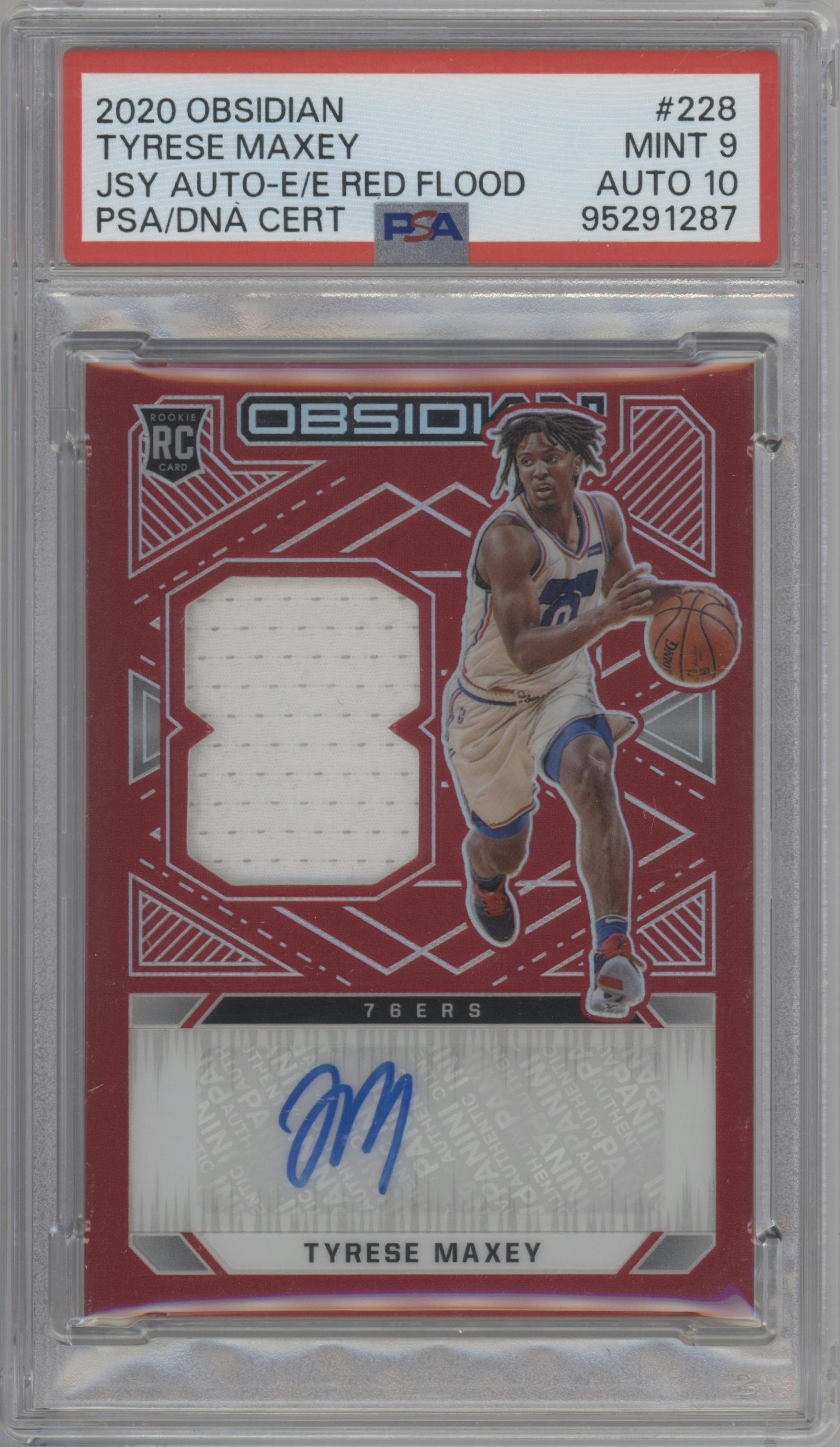 Tyrese Maxey from the 2020-21 Panini Obsidian set featuring a Electric Etch Red Flood parallel graded by PSA and given an overall grade of 9.