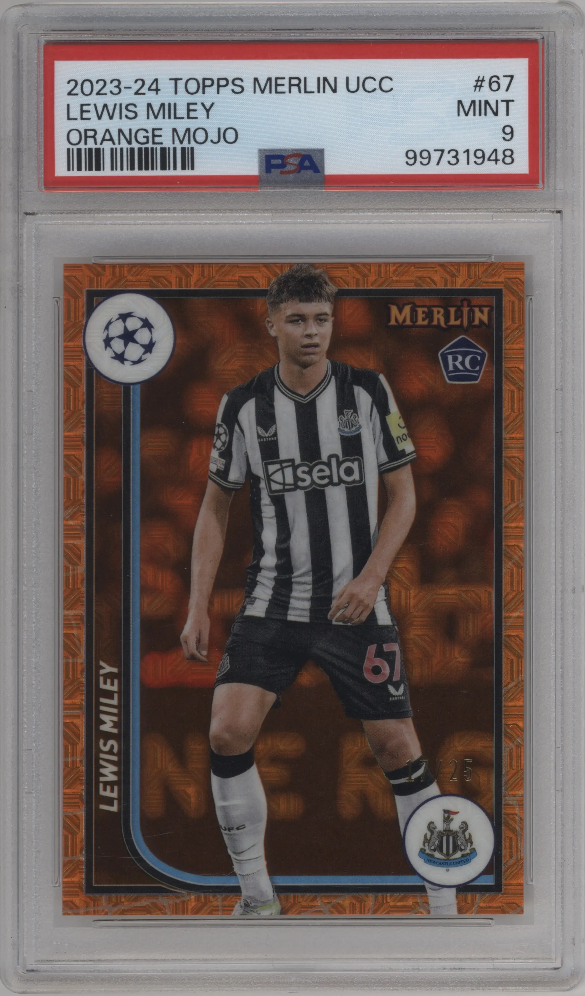 2023 Topps Merlin UEFA Club Competitions Lewis Miley Orange Mojo Refractor PSA 9