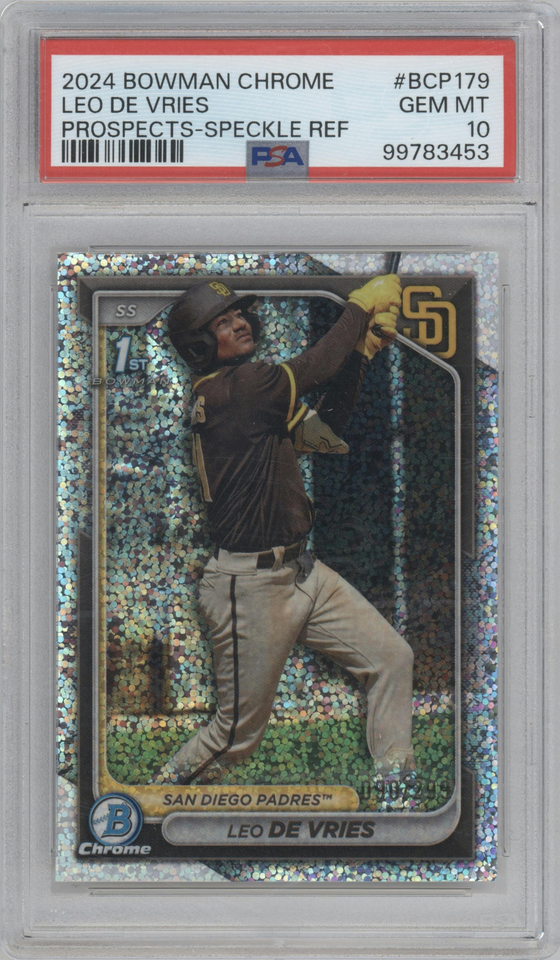 Leo De Vries from the 2024 Bowman Chrome set featuring a Speckle Refractor parallel graded by PSA and given an overall grade of 10.